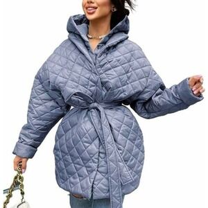Women Button Down Quilt Jacket Coat Fall Winter Fashion BTFBM Belt Pocket Large